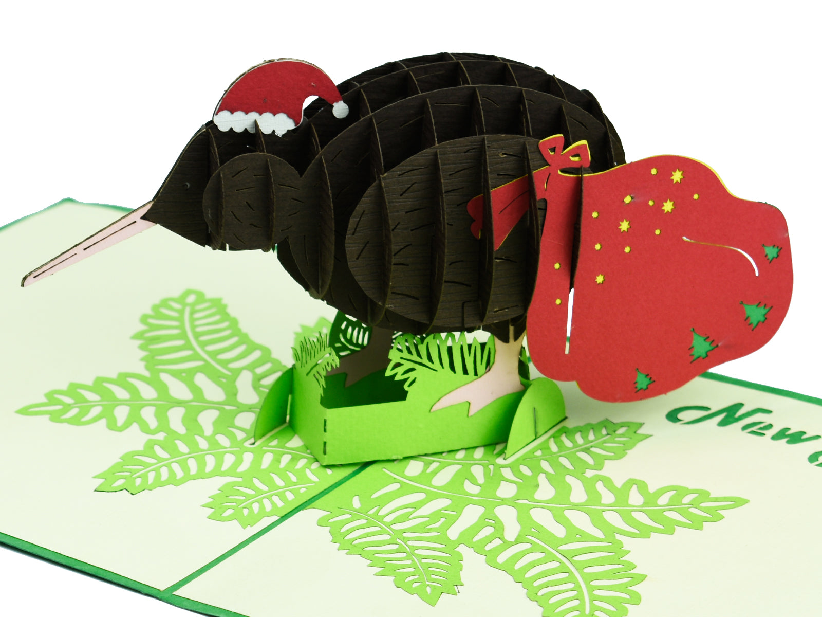 Brown Kiwi with Christmas Hat and Santa Sack 3D Creative Pop Up Card - close up