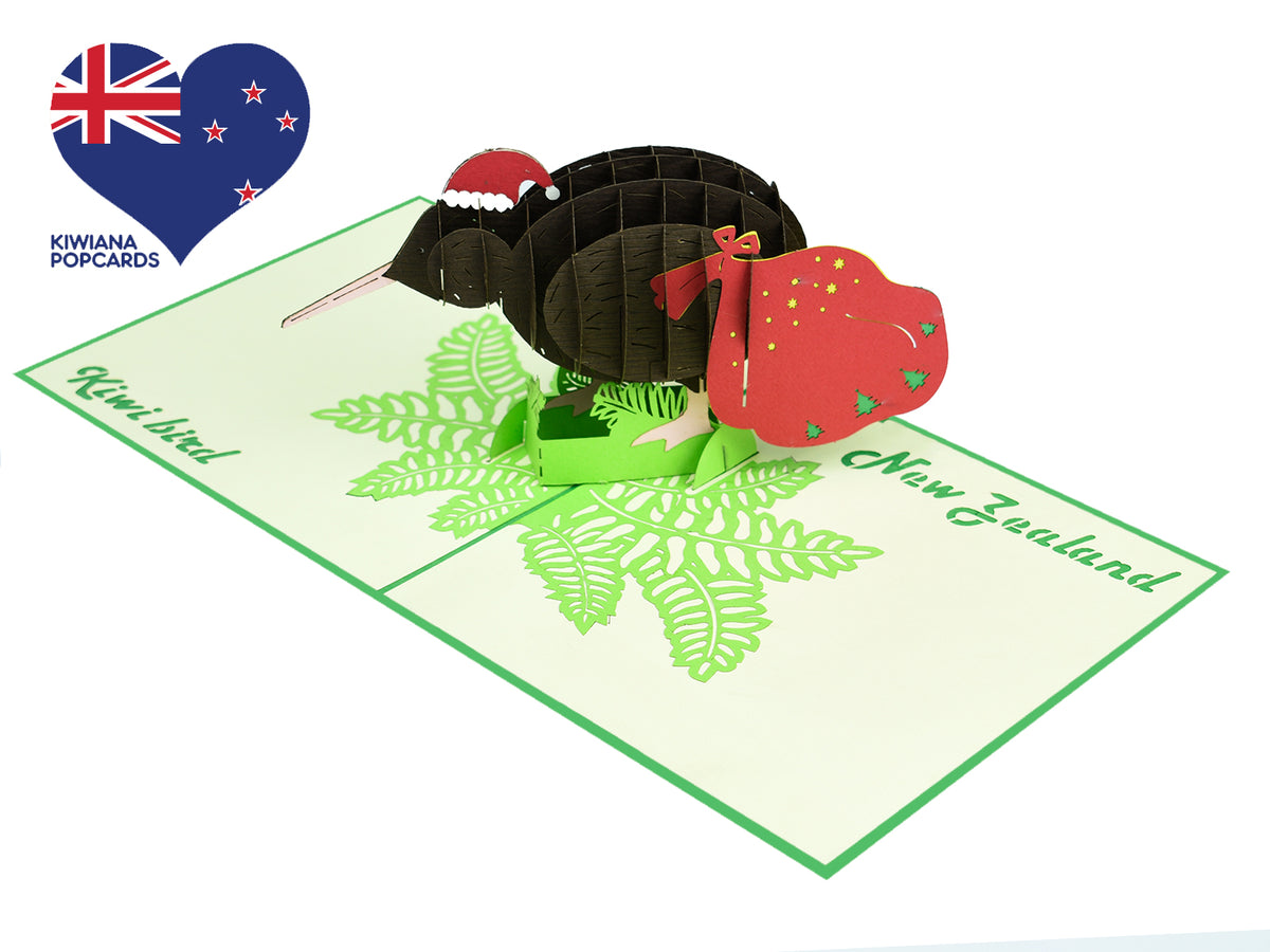 Brown Kiwi with Christmas Hat and Santa Sack 3D Creative Pop Up Card